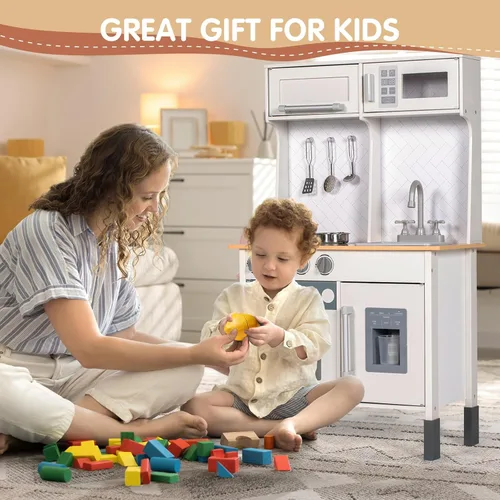 Miniatura 5 de BRINJOY Juego de cocina para niños, cocina de madera para niños con grifo, fregadero, estufa, horno, utensilios de cocina, gabinetes de Blanco