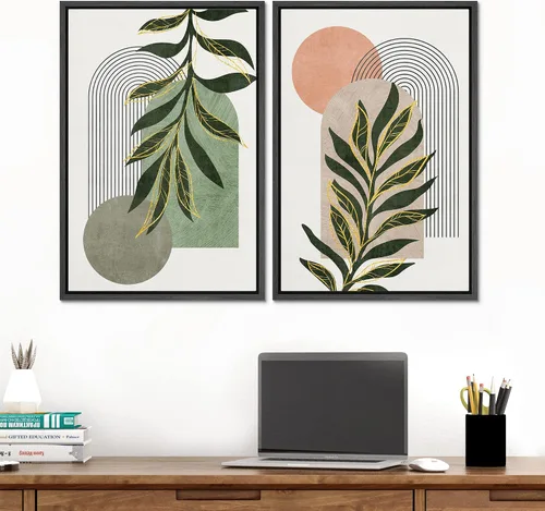 Miniatura 3 de SIGNFORD Lienzo enmarcado para pared, juego de arte con hojas de palmera de selva, polígonos geométricos, formas abstractas, ilustración, arte