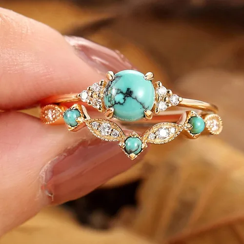 Miniatura 2 de Anillos gruesos dorados y turquesas apilables para mujeres, anillos para nudillos para el pulgar para mujer, diamantes de imitación vintage, joyería