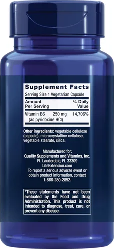 Miniatura 2 de Life Extension Vitamina B6, 250 mg, alta potencia, salud cardiovascular, salud neurológica, salud ocular, función renal saludable, sin gluten, sin