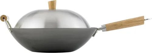 Juego de Wok de Helen's Asian Kitchen - Sartén Wok con Tapa, Wok de Acero al Carbono de 13.5 Pulgadas - Wok Antiadherente de Fondo Plano para