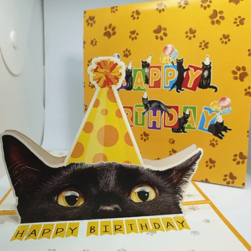 Miniatura 5 de Tarjeta de cumpleaños de gato negro, tarjeta desplegable 3D con sobre, tarjeta de felicitación de feliz cumpleaños para amantes de los gatos