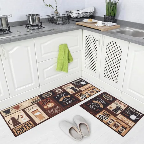 Miniatura 10 de Juego de 2 alfombras de cocina de 17 x 48 pulgadas + 17 x 24 pulgadas, tapetes antideslizantes lavables para suelo de cocina, 2 tapetes cómodos