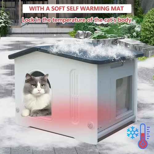 Miniatura 7 de Casa para gatos al aire libre con puerta de escape, casa para gatos con alfombrilla de autocalentamiento, casa para gatos al aire libre, casa grande