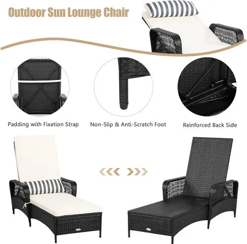 Miniatura 7 de HAPPYGRILL Tumbona de patio al aire libre de mimbre reclinable con cojín grueso, almohada lumbar, respaldo ajustable para jardín, porche, césped