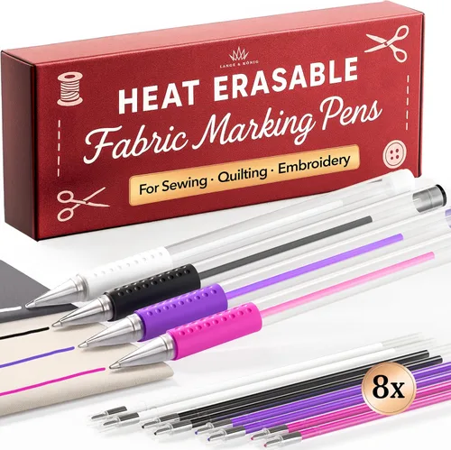 Lange & König Bolígrafos de Marcado de Tela Borrables con Calor para Costura - 4 Bolígrafos + 8 Repuestos - Suministros de Costura Suministros de