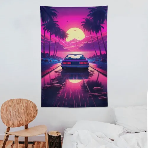 Miniatura 7 de QEOPGNE Synthwave - Tapiz morado para automóvil deportivo de anime, arte de pared de automóvil de carreras de neón, Vaporwave de neón, decoración