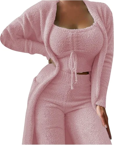 Miniatura 3 de RMXEi - Traje de pijama de 2 piezas para mujer, estilo casual, color liso, con cordón