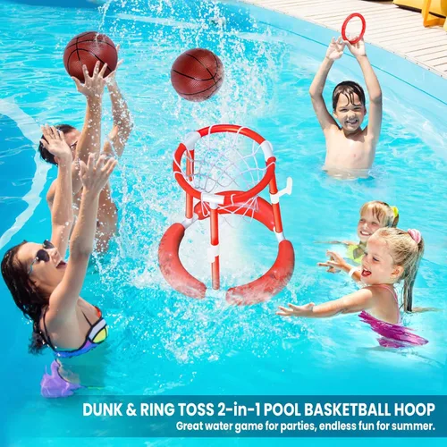 Miniatura 4 de SpringFlower Aro de baloncesto para piscina, juguetes flotantes para piscina, juego de anillo con lanzamiento de anillo, bolas y bomba, 2 en 1