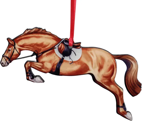 Miniatura 7 de Adorno de Navidad de caballo cazador, decoración de salto de caballo deportivo, regalos de caballo para ecuestre (Tobiano castaño y blanco)