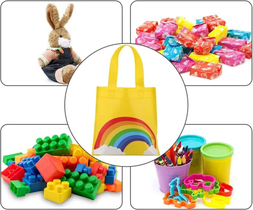Miniatura 5 de Aneco 24 bolsas de dulces no tejidas, bolsas de regalo de fiesta de arco iris, bolsas de regalo de 8 x 8 pulgadas, 6 colores, bolsas de regalo