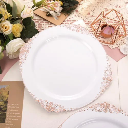Miniatura 9 de Morejoy 100 platos de plástico, desechables, platos de postre de oro blanco y rosa de 7.5 pulgadas para bodas, fiestas y duchas rosa y oro