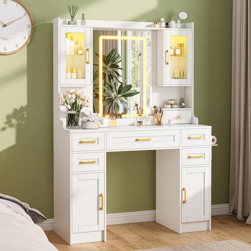 Miniatura 9 de KAMABOKO Escritorio de tocador con luz y espejo, mesa de maquillaje blanca con cajones y estación de carga, 3 modos ajustables para dormitorio y 042
