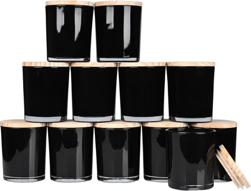 Miniatura 15 de SHOWIN Tarros de vela gruesos de 14 OZ para hacer velas 12 Piezas, tarros vacíos de 3 mechas con tapas de madera para hacer velas, recipiente