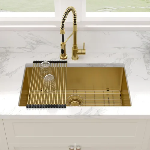 Miniatura 2 de Sarlai Gold Fregadero de Cocina Empotrado - Fregadero de Cocina de 28 Pulgadas Empotrado de Acero Inoxidable Dorado Tazón Individual de 28" x 19