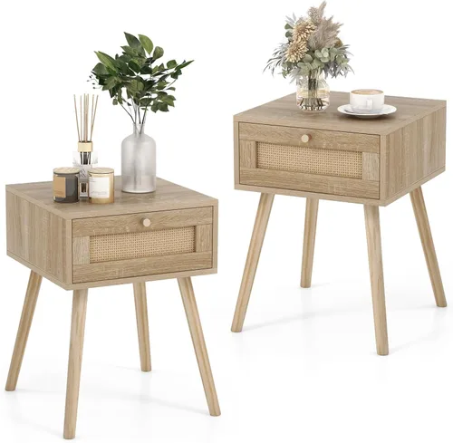Miniatura 10 de Giantex Mesita de noche de ratán bohemio, mesitas de noche de madera de mediados de siglo con cajón de tejido de ratán, mesita de noche con patas