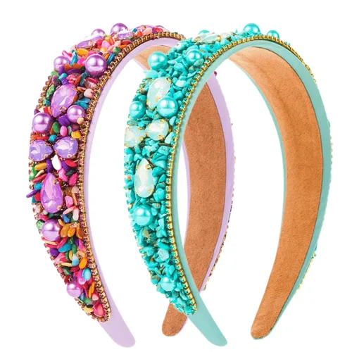 Miniatura 10 de Diademas turquesa para mujeres y niñas, banda ancha antideslizante para la cabeza, bandas para la cabeza con nudo superior, diadema de perlas de Azul