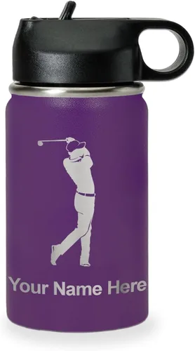 Miniatura 36 de LaserGram Botella de agua personalizada, golfista de golf, acero inoxidable de doble pared aislada al vacío con popote superior, regalo grabado Negro