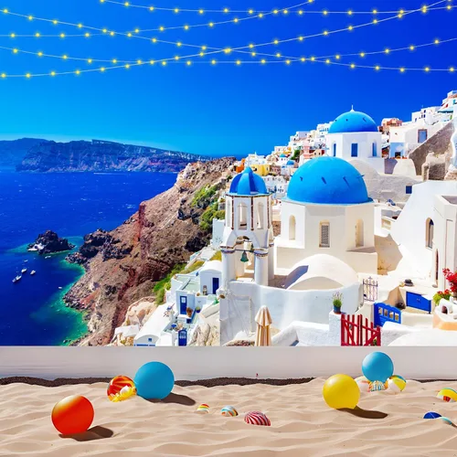 Miniatura 2 de Telón de fondo de tela para fotos de Grecia, Isla Santorini, Oia, Village, fondo de fotografía de Grecia para decoraciones de fiesta temática