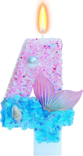 Velas de cumpleaños con temática de sirena, número 4 para niñas, suministros para fiesta de cumpleaños con purpurina, decoración de fiesta de