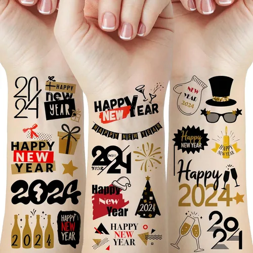 Miniatura 10 de 65 piezas de suministros para fiesta de Año Nuevo, 12 hojas de calcomanías de tatuajes temporales, decoraciones de feliz año nuevo, decoración NYE