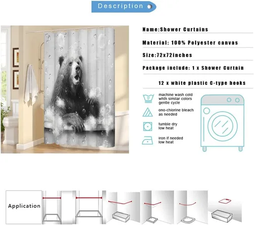 Miniatura 8 de KREATIVE ARTS Cortina de ducha con diseño de osos divertidos animales, decoración de bañera, casa de campo en blanco y negro, 72 pulgadas de ancho