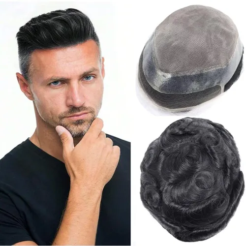 Miniatura 11 de HAPPY&CC Toupee - Piezas de cabello humano con encaje frontal suizo para hombre, parte superior fina mono con poliuretano alrededor de sistema de #1B