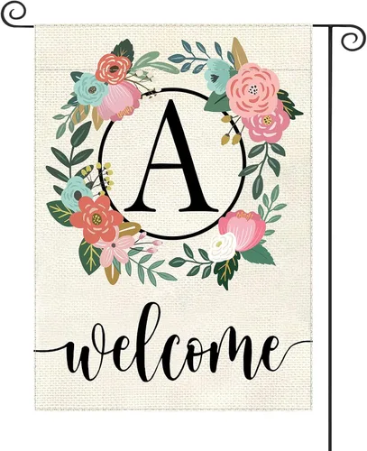 Bandera de jardín con letra monograma, floral, 12 x 18 pulgadas, doble cara para exterior, pequeña de arpillera, familia, apellido, bandera inicial