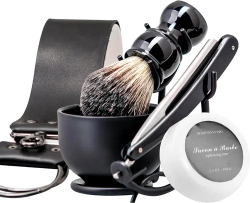 Kit de afeitado con navaja recta Grandslam, navaja recta de acero con afilador de cuero, cepillo de afeitar, cuenco y soporte de afeitar de acero