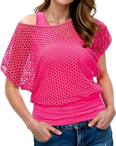 WILDPARTY Camiseta casual sexy de los años 80 para mujer, diseño de red de neón con hombros descubiertos, dos piezas
