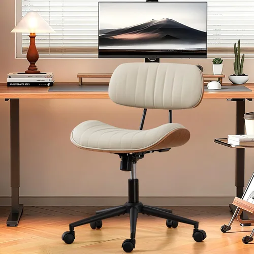 Miniatura 13 de Silla de oficina para el hogar Newnno con ruedas, silla de escritorio de altura ajustable de cuero giratoria, silla moderna sin brazos de nogal