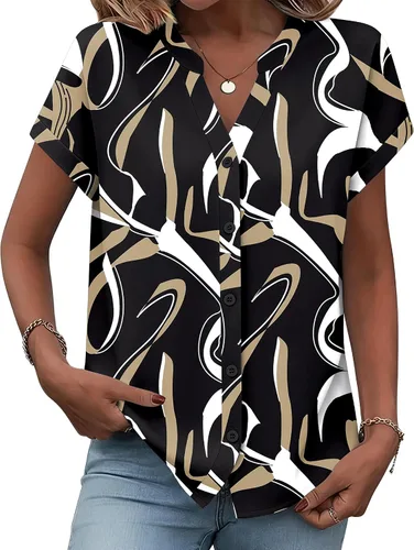 Miniatura 17 de Zeagoo Camisas con botones para mujer, camisetas de manga corta, cuello en V, blusas casuales de negocios