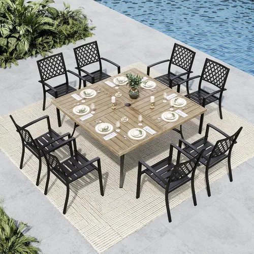 Miniatura 10 de MFSTUDIO Juego de comedor al aire libre para 8, juego de mesa y sillas de metal para patio, juego de muebles de patio de 9 piezas, juego de comedor