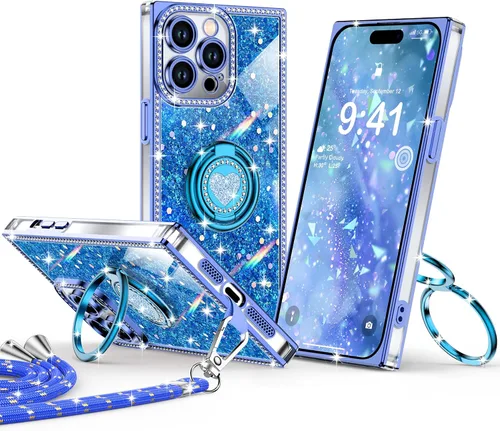Miniatura 7 de XYZ Funda para iPhone 13, con purpurina brillante con soporte de corazón de 2 anillos y cordón, funda protectora a prueba de golpes con diamantes
