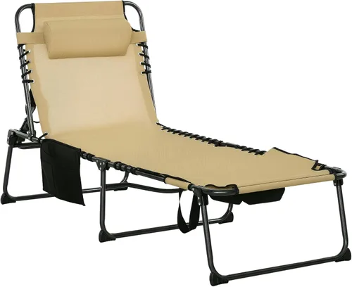 Outsunny Tumbona plegable con respaldo reclinable de 5 niveles, silla de bronceado con orificio para la cara, sillón al aire libre con bolsillo Beige