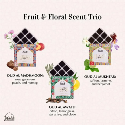 Miniatura 5 de Oud Al Mukhtar, Oud Al Madhmoon, Oud Al Awatef Bakhoor de Dukhni - (3 bandejas x 9 piezas cada una) y quemador exótico arcoíris Perfecto