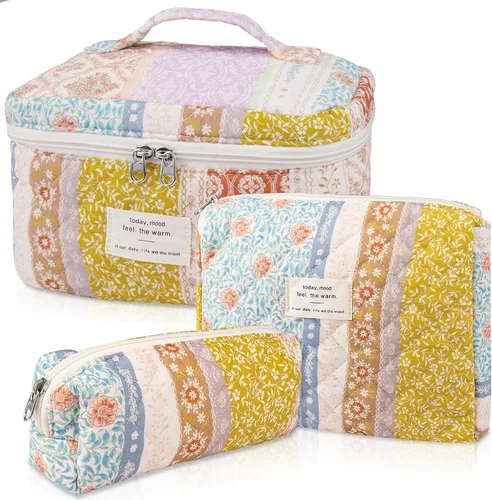 Miniatura 36 de Set de bolsas de maquillaje, bolsa de maquillaje acolchada, bolsa de cosméticos floral grande para mujeres, lindas bolsas de maquillaje de algodón