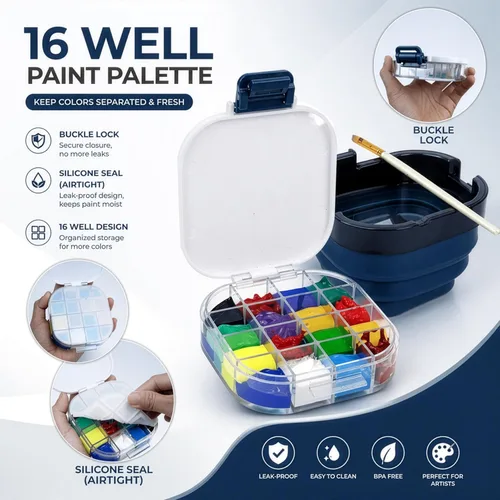 Miniatura 4 de DUGATO Caja de paleta hermética de acuarela (16 pozos) con tapa y lavabo plegable para pinceles, ahorrador de pintura portátil para acrílico, Azul