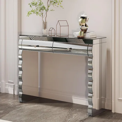 Miniatura 20 de Mesa Consola Negra con Espejo, Mesa de Sofá de Cristal Rectangular de 48 pulgadas con Elementos Tallados Vintage con Espejo, Muebles de Espejo