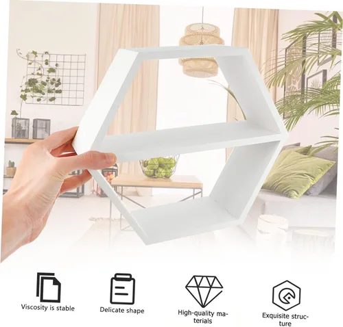 Miniatura 8 de IMIKEYA Estante de madera montado en la pared pequeño organizador de mesita de noche almacenamiento maceta soporte diseño hexagonal 1pc