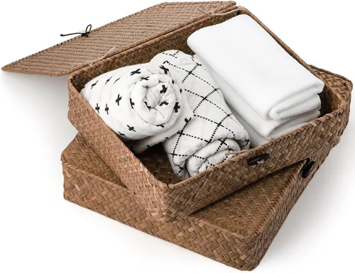 Miniatura 7 de Elsjoy Paquete de 2 cubos de almacenamiento planos de mimbre tejido con tapa y palanca de madera, juego de cestas de hierba marina naturales hechas