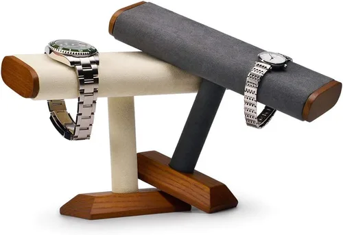 Miniatura 2 de Oirlv Soporte de exhibición de reloj en T de madera maciza soporte organizador de joyas para reloj pulsera encimera mesa de joyería gris