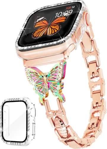 Miniatura 9 de Correa de mariposa compatible con Apple Watch Band de 1.575 pulgadas con funda para iWatch Series 6, SE, 5, 4, bonitas correas de joyería de metal