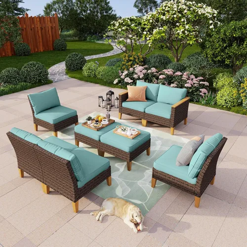 Miniatura 23 de PHI VILLA Otomana de mimbre para patio, 2 piezas, asiento otomano de mimbre para todo tipo de clima, reposapiés para exteriores con cojines