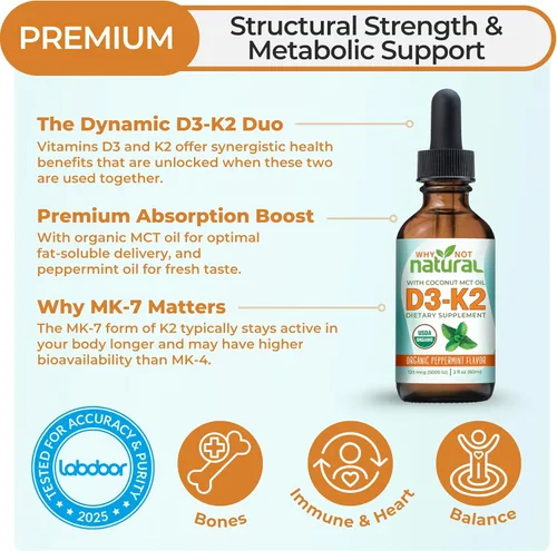 Miniatura 2 de Why Not Natural Gotas líquidas orgánicas de vitamina D3 K2 (MK-7), 5000 UI de D3 sublingual con aceite de coco MCT, para huesos y dientes fuertes