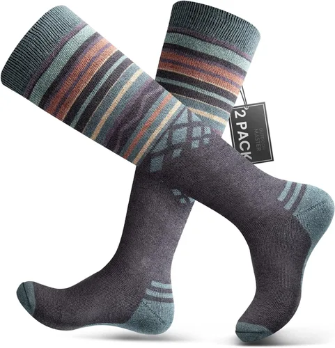 2 paquetes de calcetines de esquí de lana de merino, sobre la pantorrilla (OTC) antideslizantes para hombres y mujeres