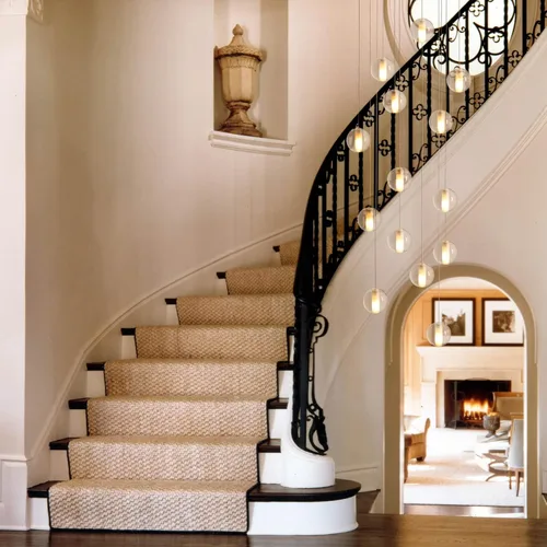 Miniatura 8 de Lámpara de escalera de 14 luces para techo alto, lámpara colgante de gota de lluvia de cristal moderno ajustable larga y grande para escaleras, sala