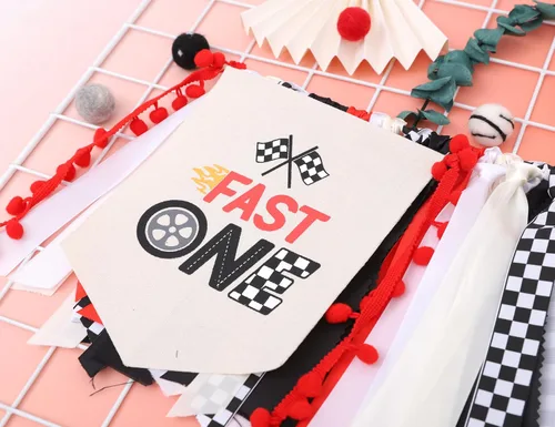 Miniatura 9 de Fast One - Cartel de cinta para silla alta – Decoración de fiesta de primer cumpleaños de carreras, cinta roja y negra, telón de fondo de fotos