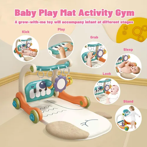 Miniatura 2 de Centro de gimnasio 3 en 1 para bebés, tapete de juego para el tiempo boca abajo, andador de bebé, piano para patear y tocar con música y luz