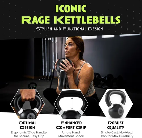 Miniatura 6 de Rage Fitness Single Cast Iron Kettlebell Powder Coated - Wide Handle Weights for Core & Glute Workouts; Swings, Squats, Deadlifts; Strength
